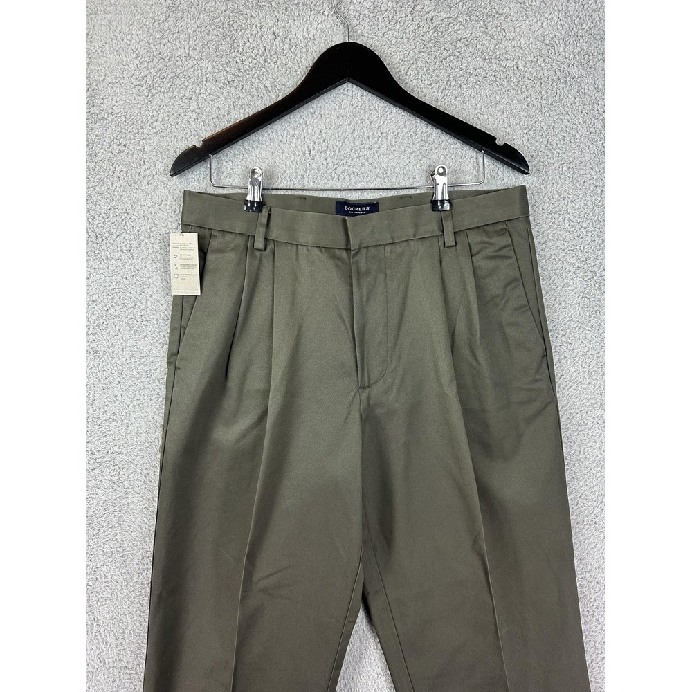 Dockers Signature Khaki Pants Mens 34x29 Olive Pleated D3 Classic Fit Chino New
